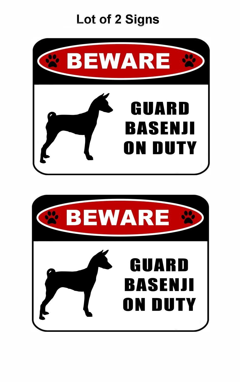 Beware Guard Basenji (silhouette) on Duty 11.5 inch x 9 inch Laminated Dog Sign - 2 Pack