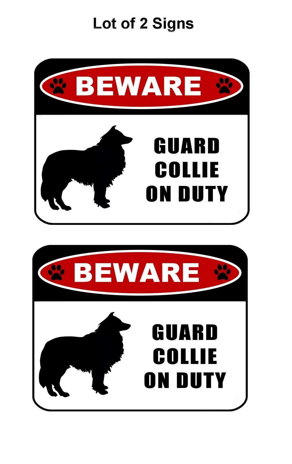 Beware Guard Collie (silhouette) on Duty 11.5 inch x 9 inch Laminated Dog Sign - 2 Pack