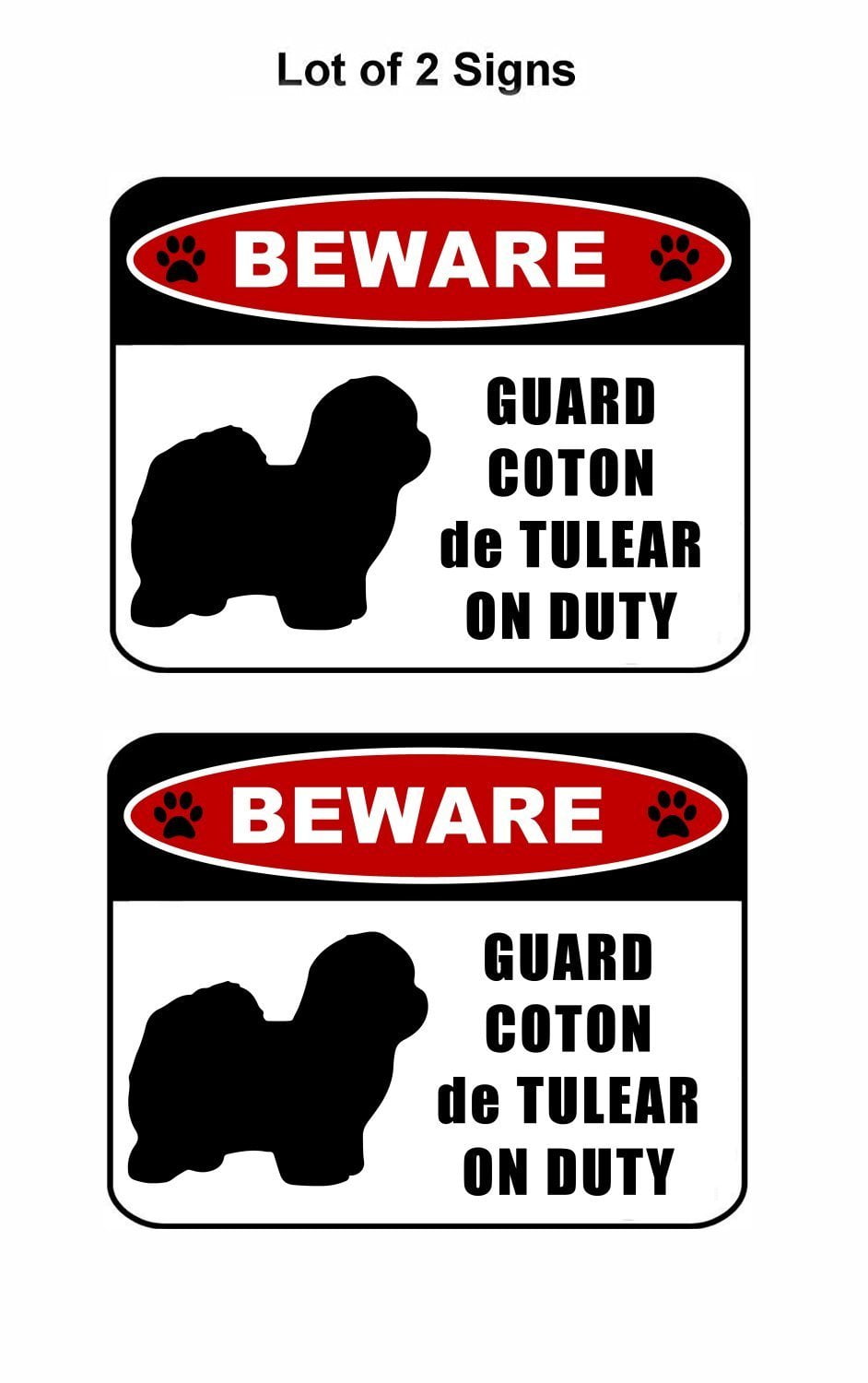 Beware Guard Coton de Tulear (silhouette) on Duty 11.5 inch x 9 inch Laminated Dog Sign - 2 Pack