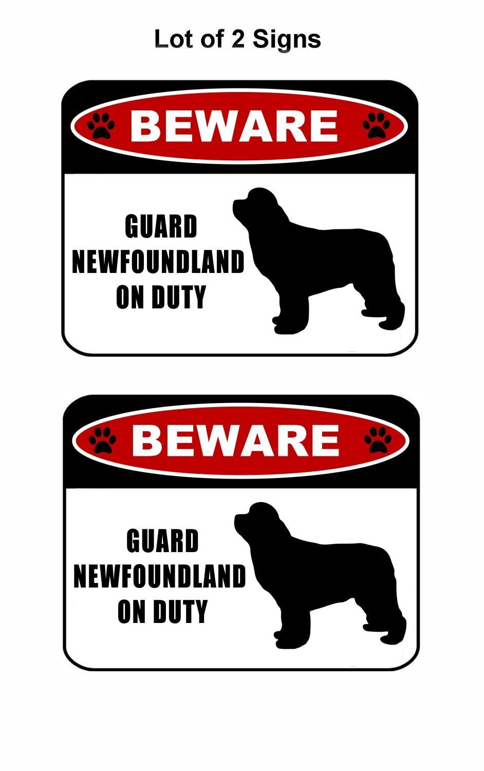 Beware Guard Newfoundland (silhouette) on Duty 11.5 inch x 9 inch Laminated Dog Sign - 2 Pack