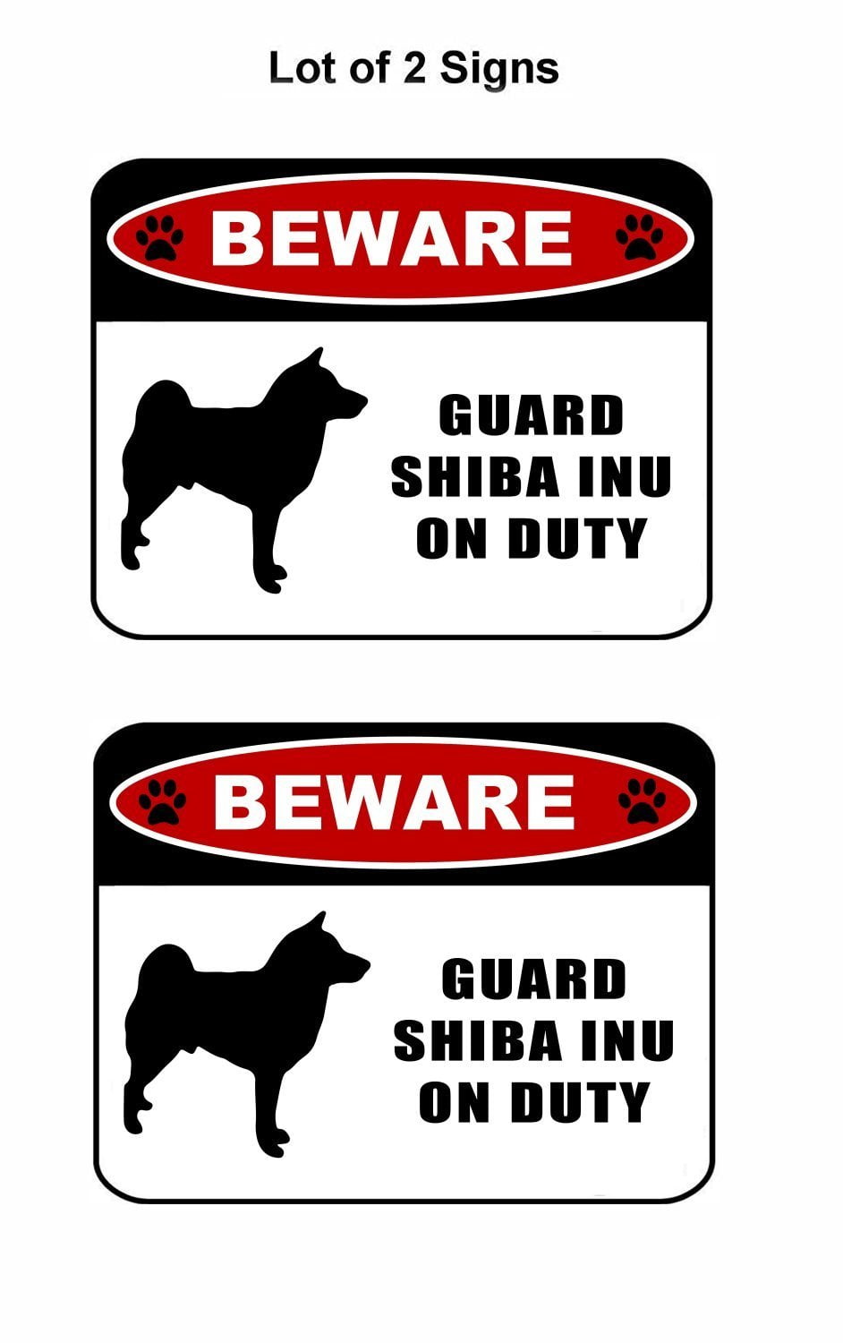 Beware Guard Shiba Inu (silhouette) on Duty 11.5 inch x 9 inch Laminated Dog Sign - 2 Pack