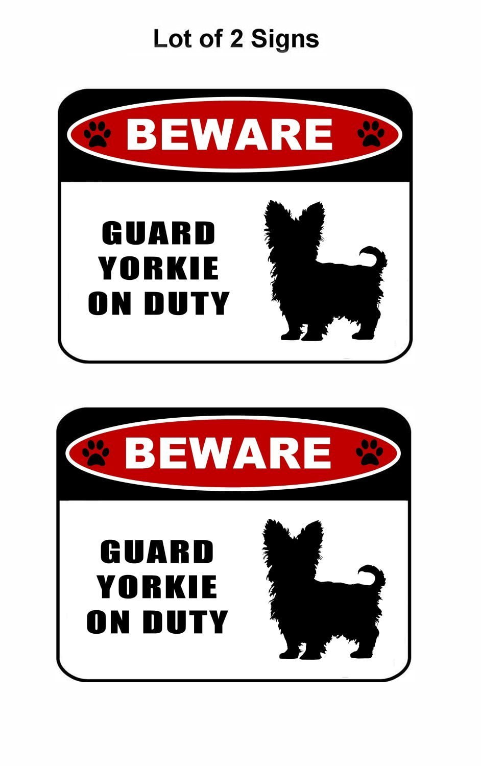 Beware Guard Yorkie (silhouette) on Duty 11.5 inch x 9 inch Laminated Dog Sign - 2 Pack