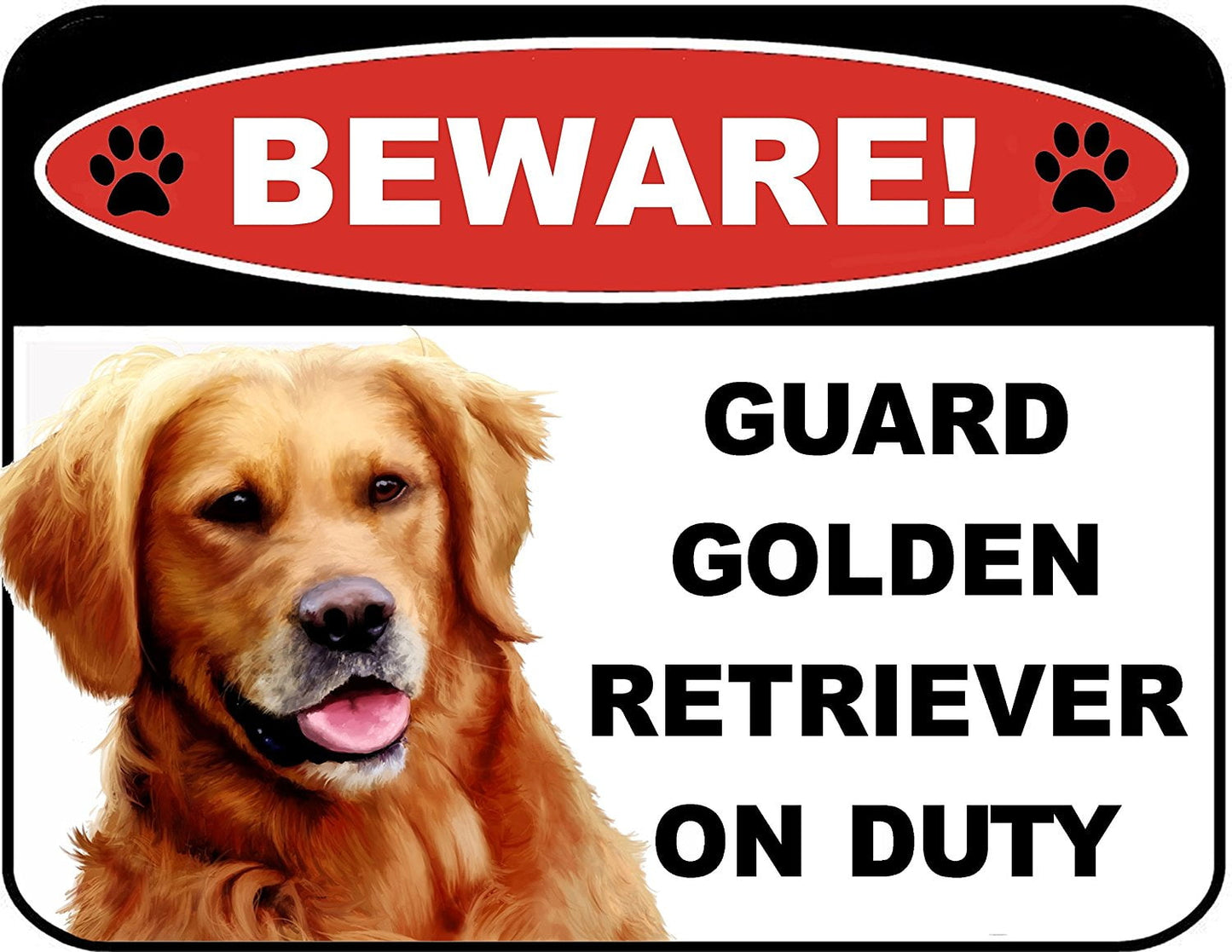 Beware Guard Golden Retriever on Duty (v1) 9 inch x 11.5 inch Laminated Dog Sign