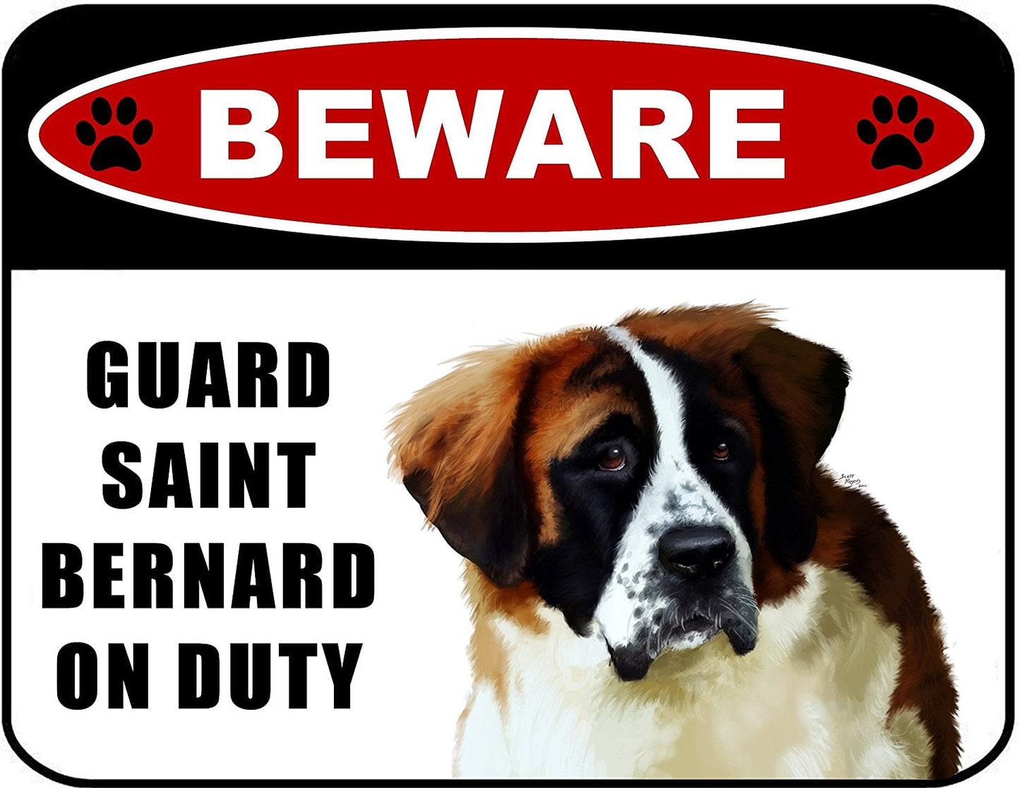 Beware Guard Saint Bernard (v1) on Duty 11.5 inch x 9 inch Laminated Dog Sign