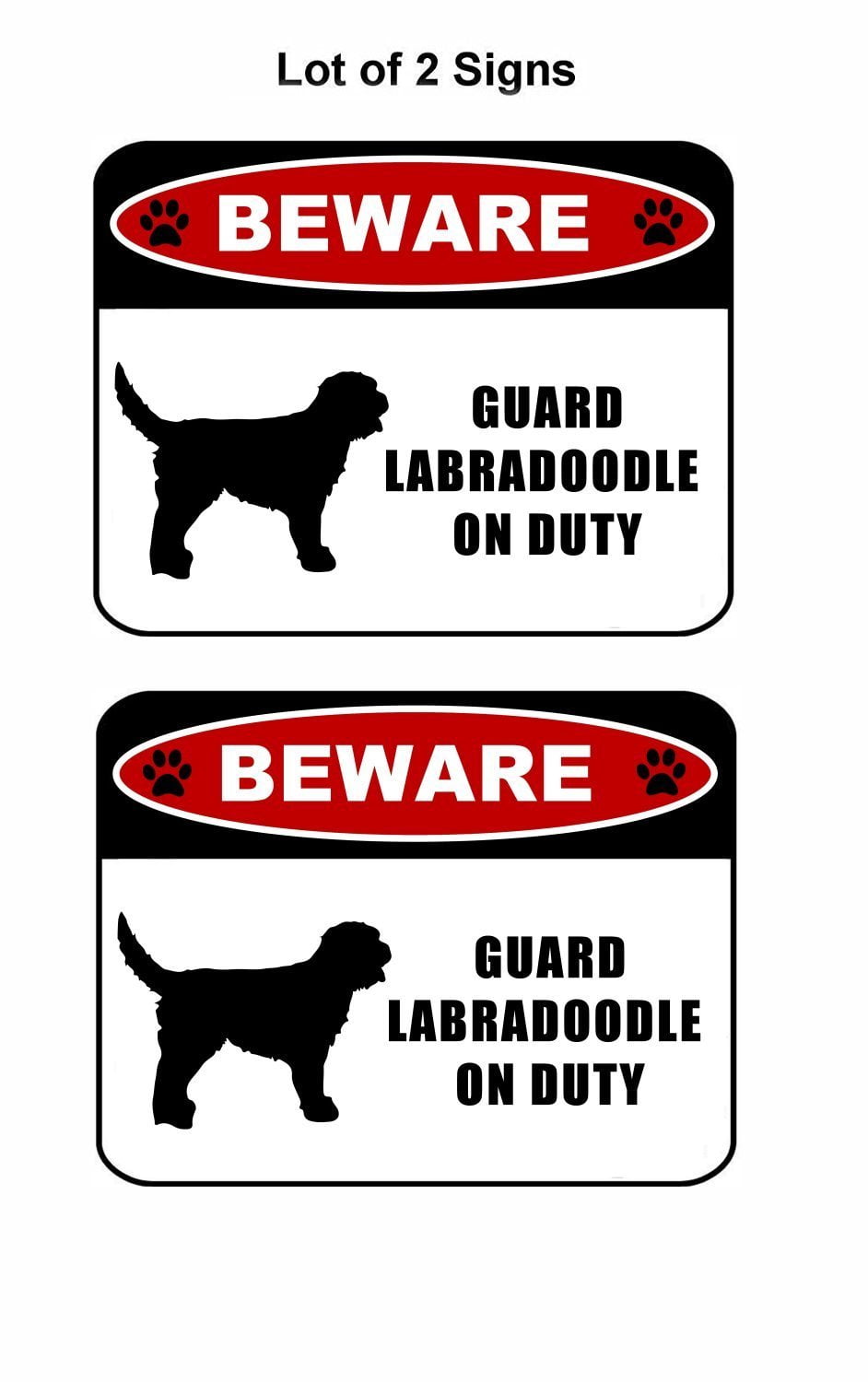 Beware Guard Labradoodle (silhouette) on Duty 11.5 inch x 9 inch Laminated Dog Sign - 2 Pack