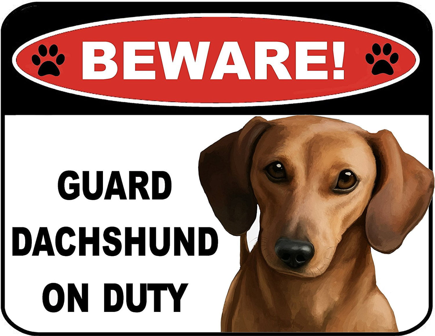 Beware Guard Dachshund (brown) on Duty (v1) 9 inch x 11.5 inch Laminated Dog Sign