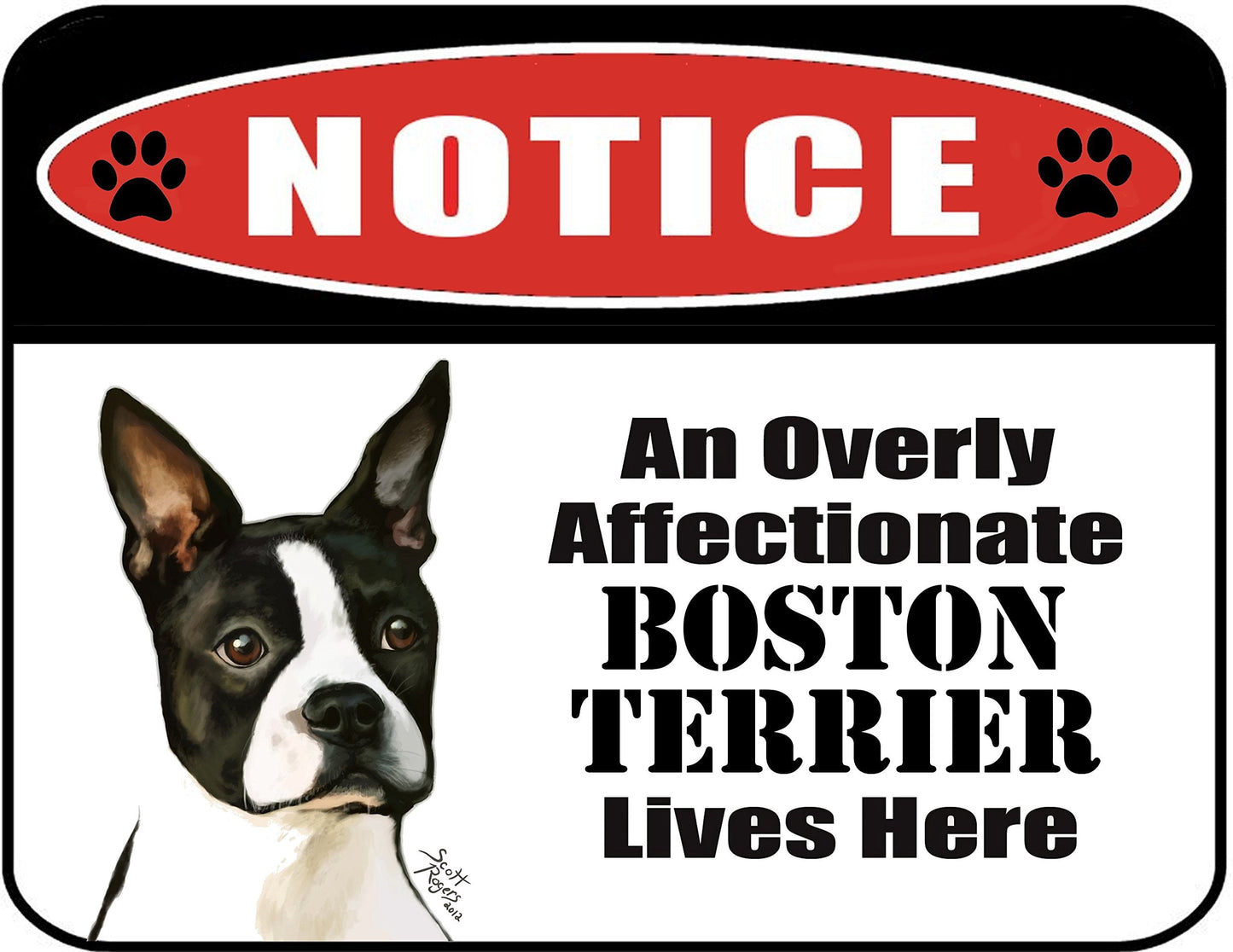 Notice an Overly Affectionate Boston Terrier Lives Here 9 inch x 11.5 inch Laminated Dog Sign