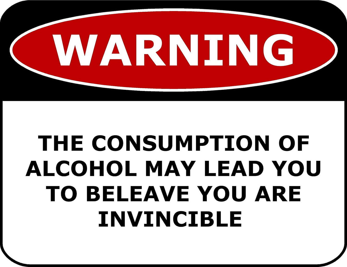 Warning The Consumption Of Alcohol May Lead You to Beleave You Are Invincible 11.5" x 9" Laminated Funny Sign