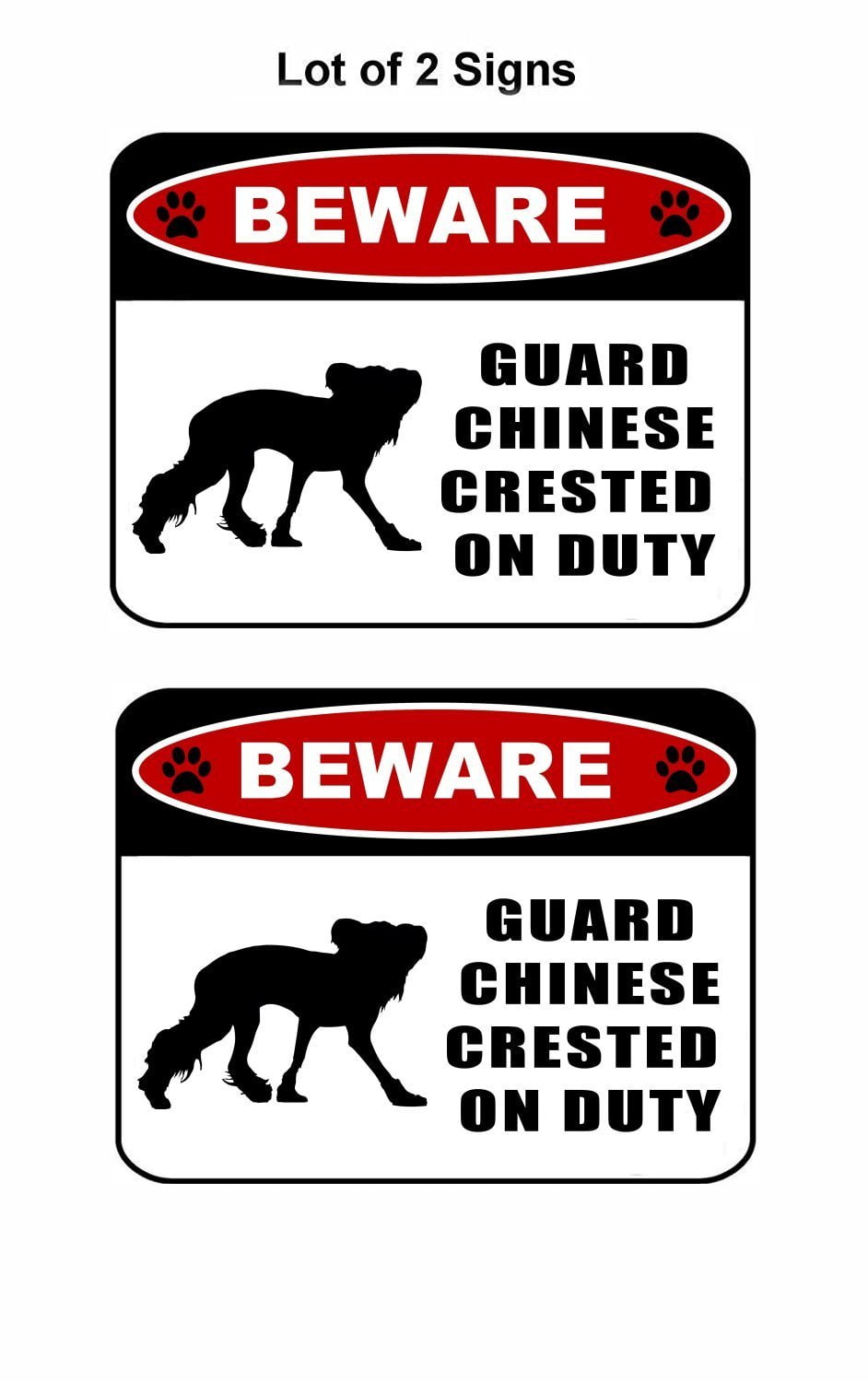 Beware Guard Chinese Crested (silhouette) on Duty 11.5 inch x 9 inch Laminated Dog Sign - 2 Pack