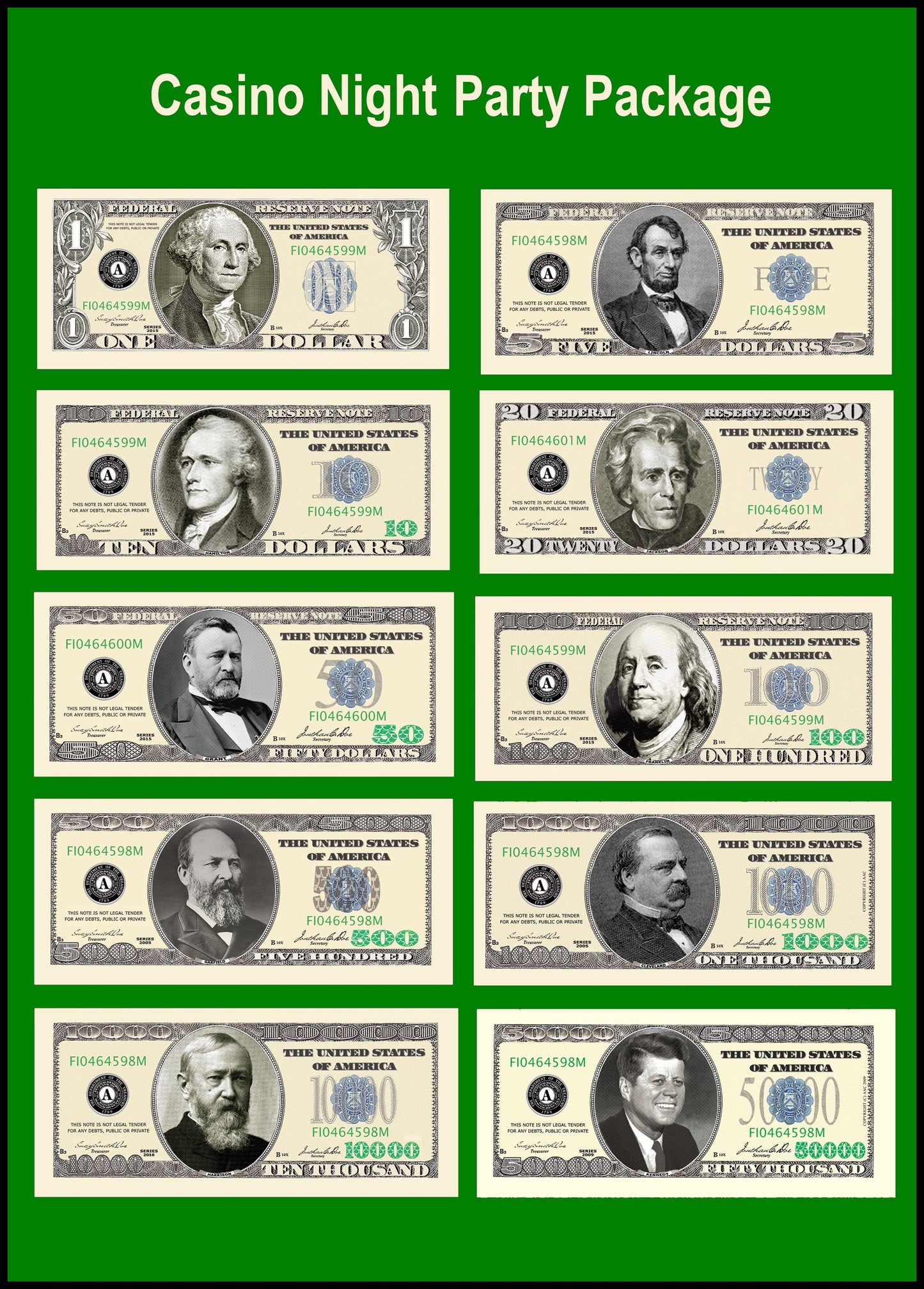 Novelty Dollar Bill – Casino Night Party Package, 10pc Set