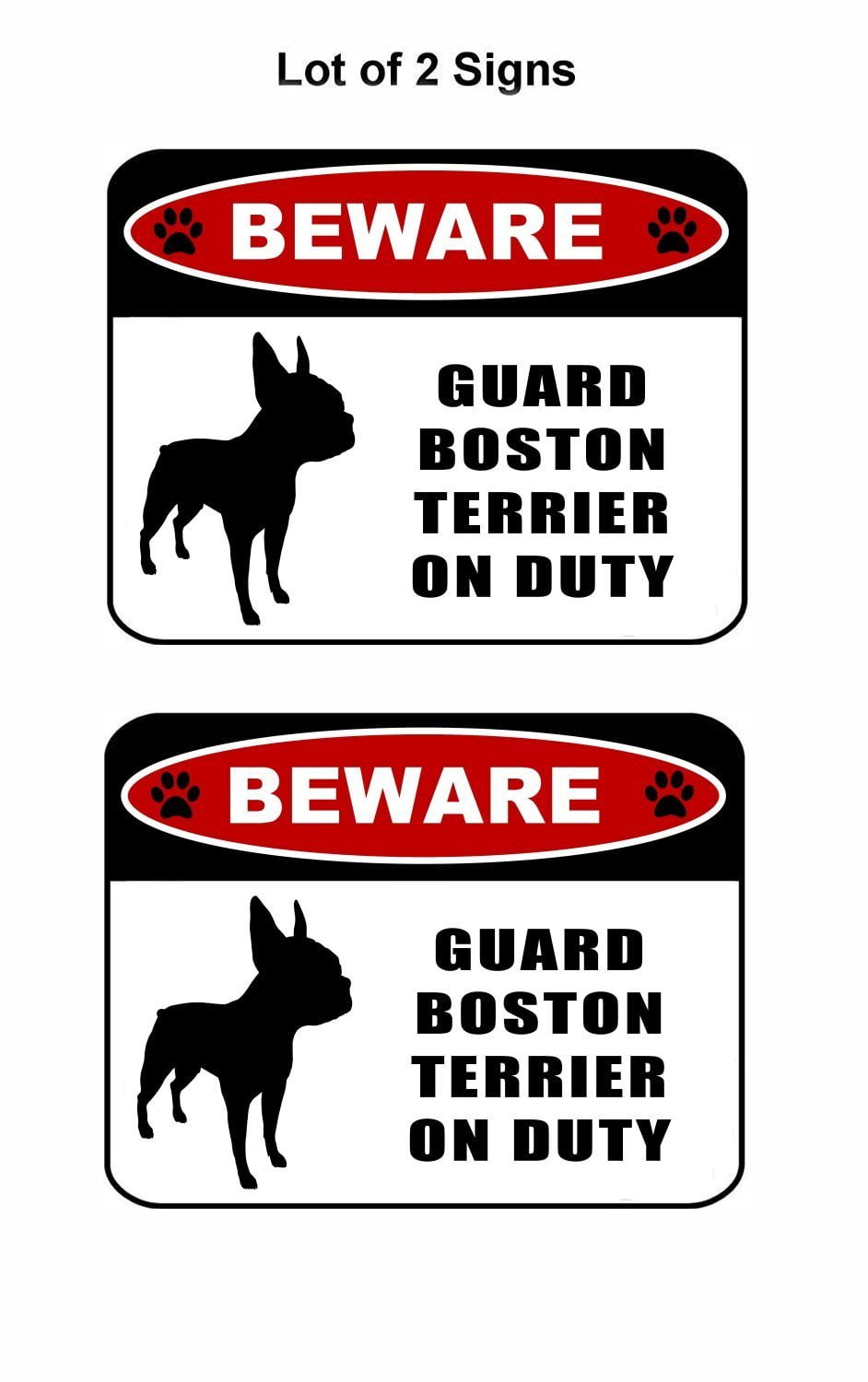 Beware Guard Boston Terrier (silhouette) on Duty 11.5 inch x 9 inch Laminated Dog Sign - 2 Pack
