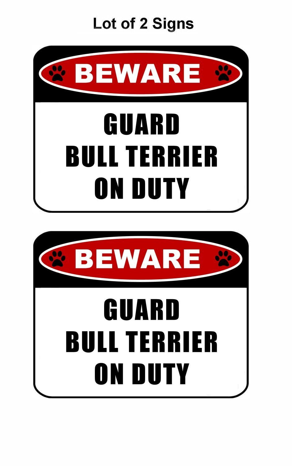 Beware Guard Bull Terrier (v2) on Duty 11.5 inch x 9 inch Laminated Dog Sign - 2 Pack