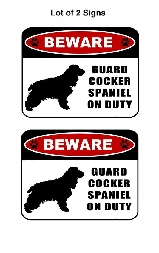 Beware Guard Cocker Spaniel (silhouette) on Duty 11.5 inch x 9 inch Laminated Dog Sign - 2 Pack