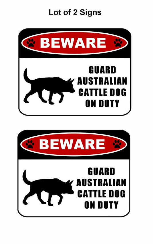 Beware Guard Australian Cattle Dog (silhouette) on Duty 11.5 inch x 9 inch Laminated Dog Sign - 2 Pack