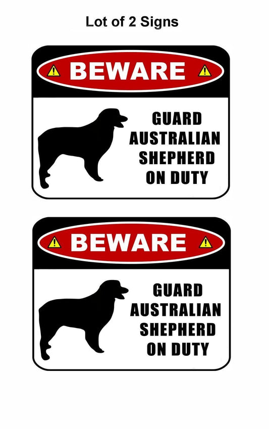 Beware Guard Australian Shepherd (silhouette) on Duty 11.5 inch x 9 inch Laminated Dog Sign - 2 Pack