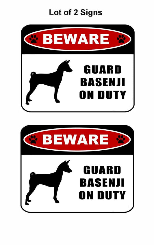 Beware Guard Basenji (silhouette) on Duty 11.5 inch x 9 inch Laminated Dog Sign - 2 Pack