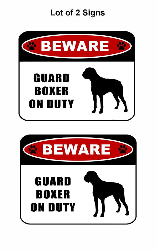 Beware Guard Boxer (silhouette) on Duty 11.5 inch x 9 inch Laminated Dog Sign - 2 Pack