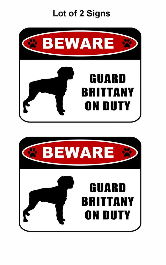 Beware Guard Brittany (silhouette) on Duty 11.5 inch x 9 inch Laminated Dog Sign - 2 Pack