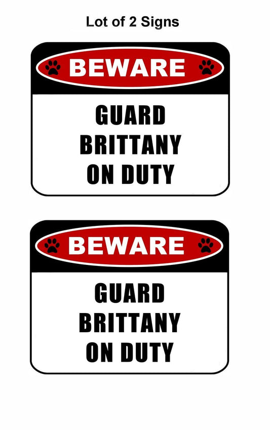 Beware Guard Brittany (v2) on Duty 11.5 inch x 9 inch Laminated Dog Sign - 2 Pack