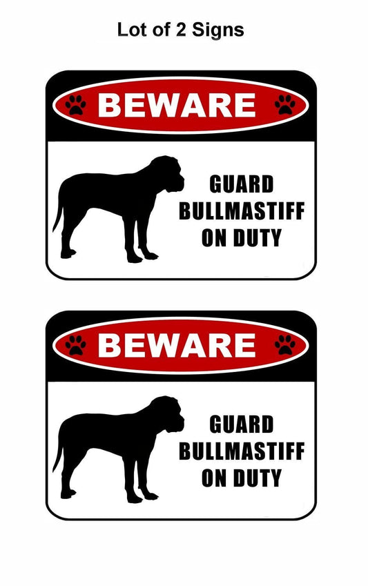 Beware Guard Bull Mastiff (silhouette) on Duty 11.5 inch x 9 inch Laminated Dog Sign - 2 Pack