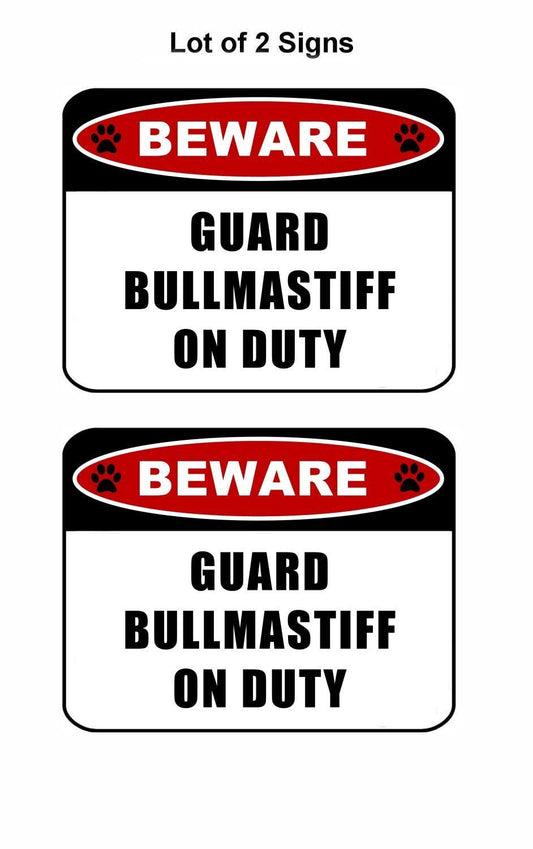 Beware Guard Bull Mastiff (v2) on Duty 11.5 inch x 9 inch Laminated Dog Sign - 2 Pack