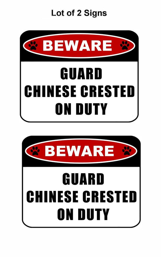 Beware Guard Chinese Crested (v2) on Duty 11.5 inch x 9 inch Laminated Dog Sign - 2 Pack