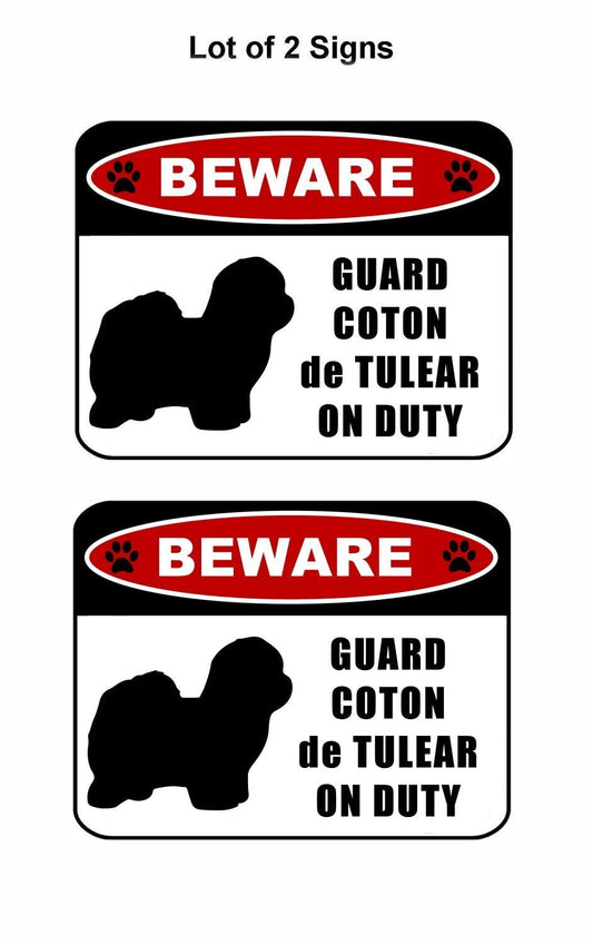 Beware Guard Coton de Tulear (silhouette) on Duty 11.5 inch x 9 inch Laminated Dog Sign - 2 Pack