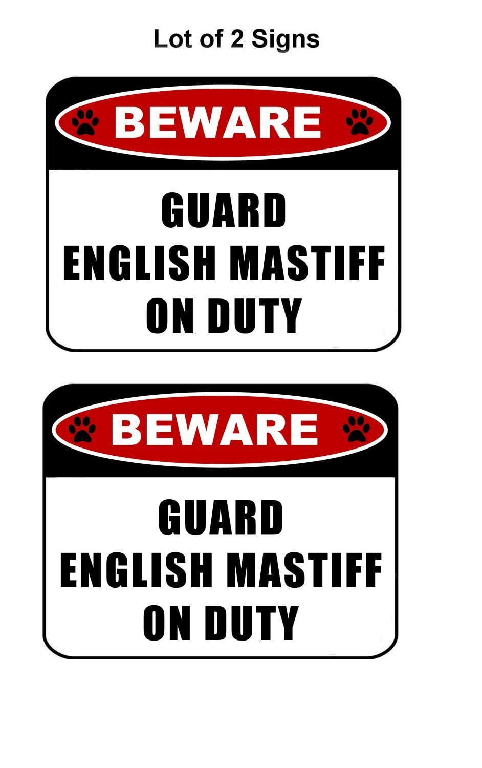 Beware Guard English Mastiff (v2) on Duty 11.5 inch x 9 inch Laminated Dog Sign - 2 Pack