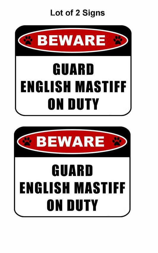 Beware Guard English Mastiff (v2) on Duty 11.5 inch x 9 inch Laminated Dog Sign - 2 Pack