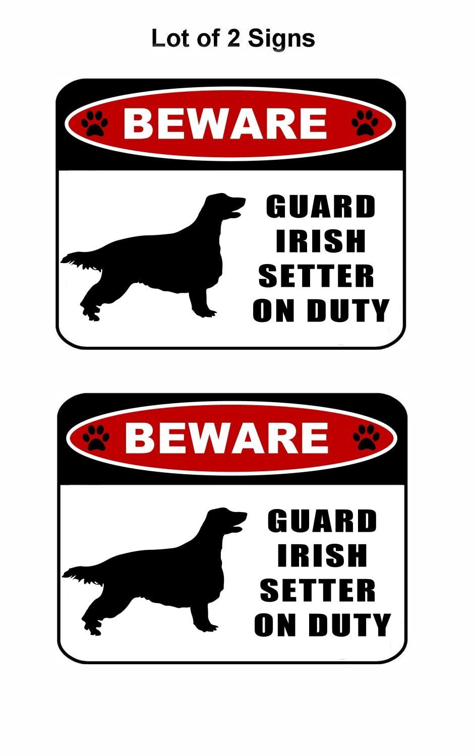 Beware Guard Irish Setter (silhouette) on Duty 11.5 inch x 9 inch Laminated Dog Sign - 2 Pack