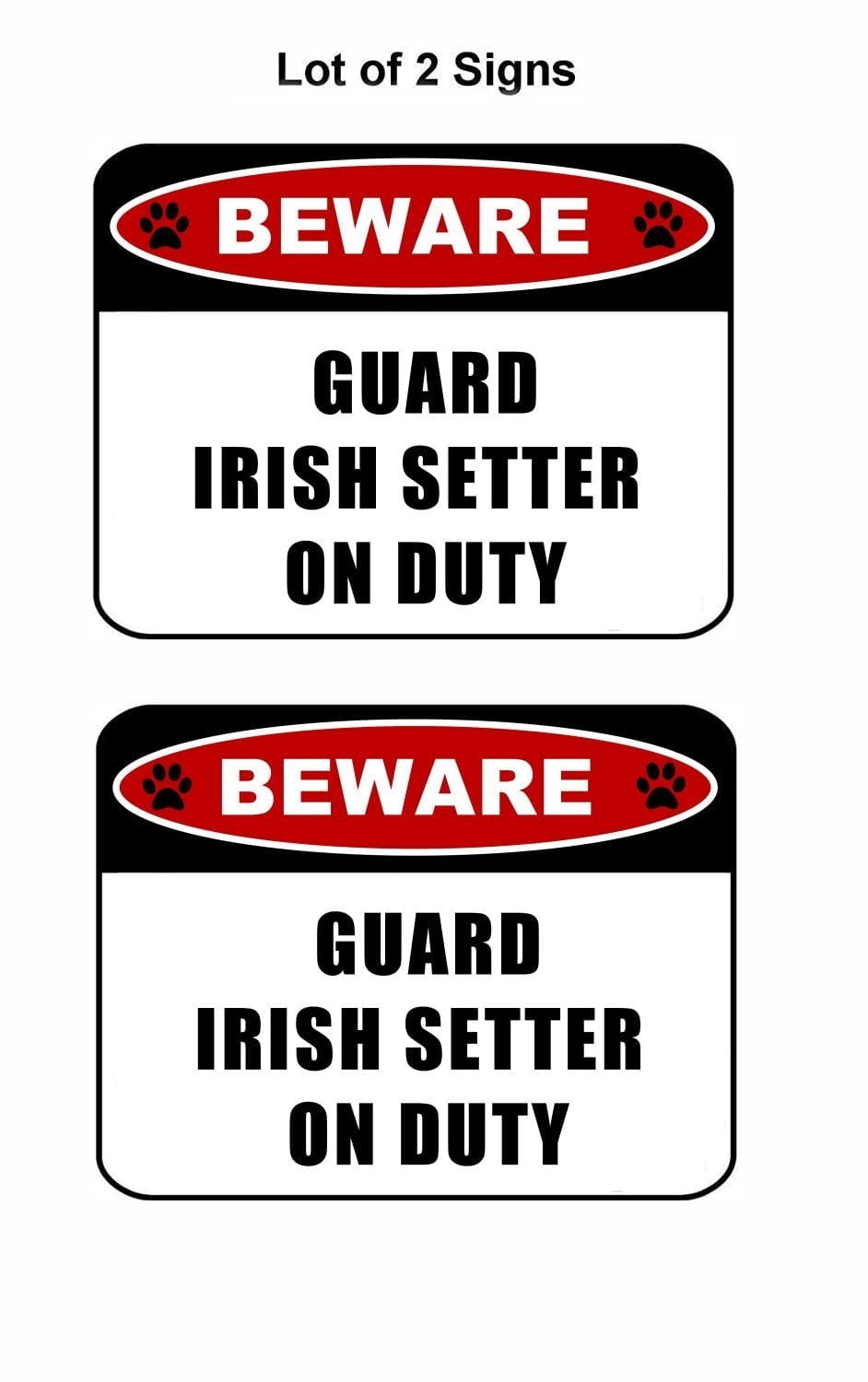 Beware Guard Irish Setter (v2) on Duty 11.5 inch x 9 inch Laminated Dog Sign - 2 Pack