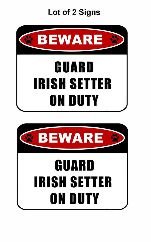 Beware Guard Irish Setter (v2) on Duty 11.5 inch x 9 inch Laminated Dog Sign - 2 Pack