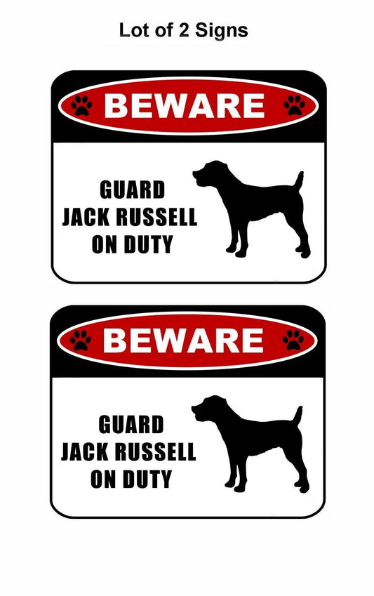 Beware Guard Jack Russell (silhouette) on Duty 11.5 inch x 9 inch Laminated Dog Sign - 2 Pack
