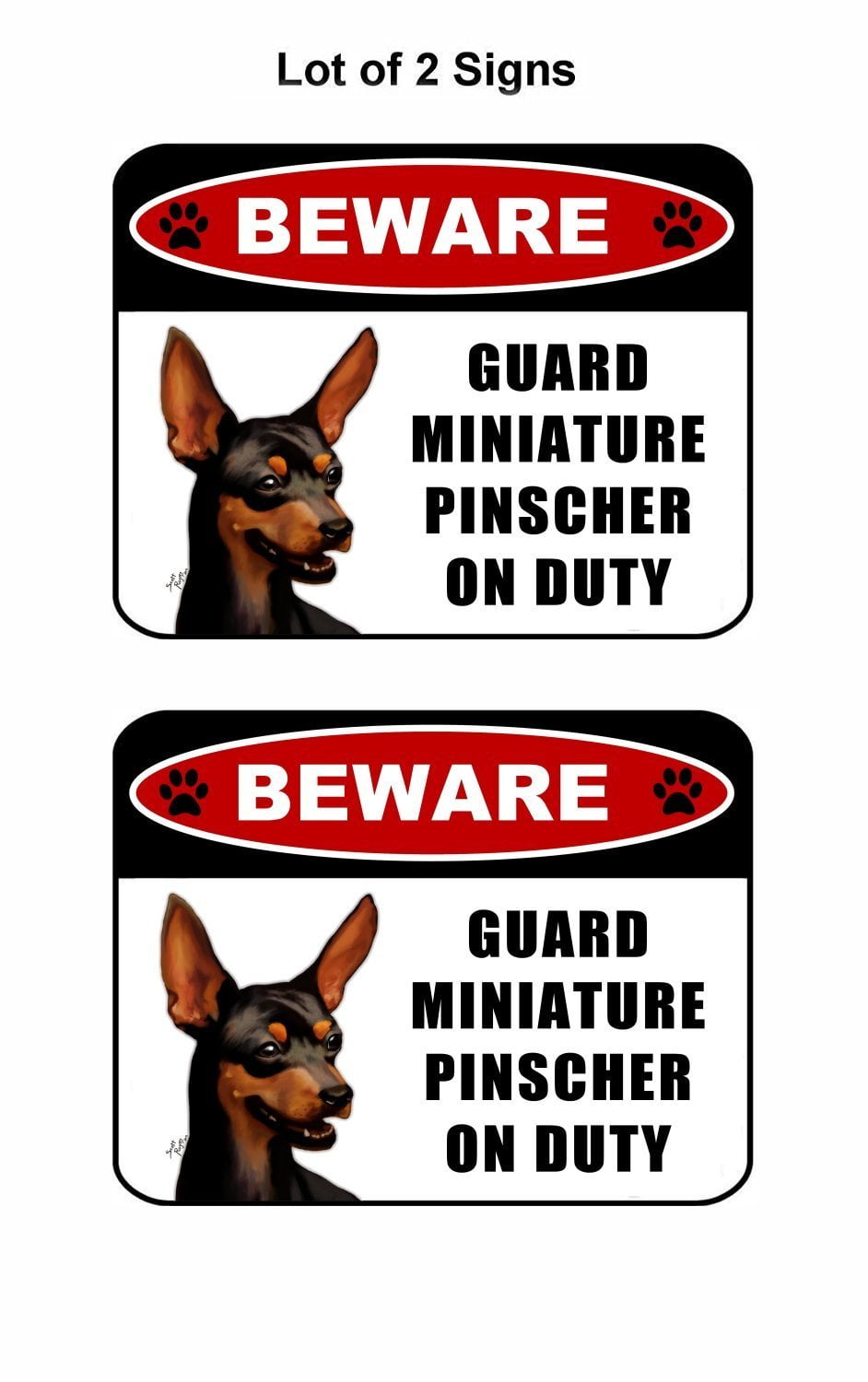 Beware Guard Miniature Pinscher (v1) on Duty 11.5 inch x 9 inch Laminated Dog Sign - 2 Pack