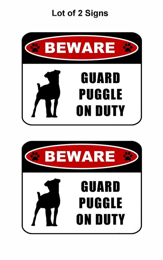 Beware Guard Puggle (silhouette) on Duty 11.5 inch x 9 inch Laminated Dog Sign - 2 Pack
