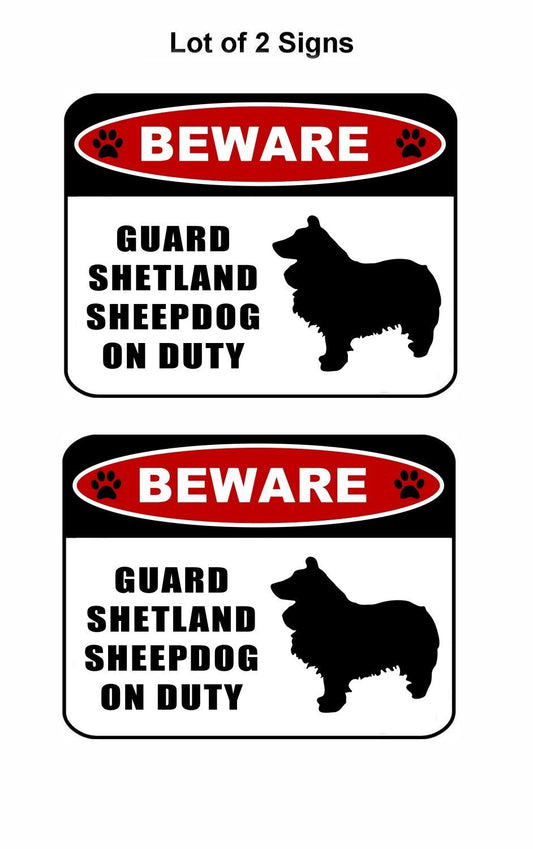 Beware Guard Shetland Sheepdog (silhouette) on Duty 11.5 inch x 9 inch Laminated Dog Sign - 2 Pack