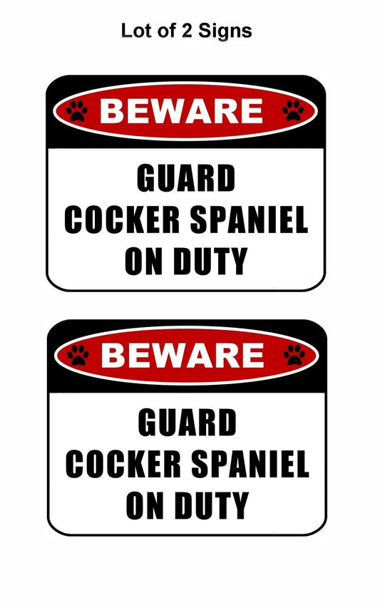 Beware Guard Cocker Spaniel (v2) on Duty 11.5 inch x 9 inch Laminated Dog Sign - 2 Pack