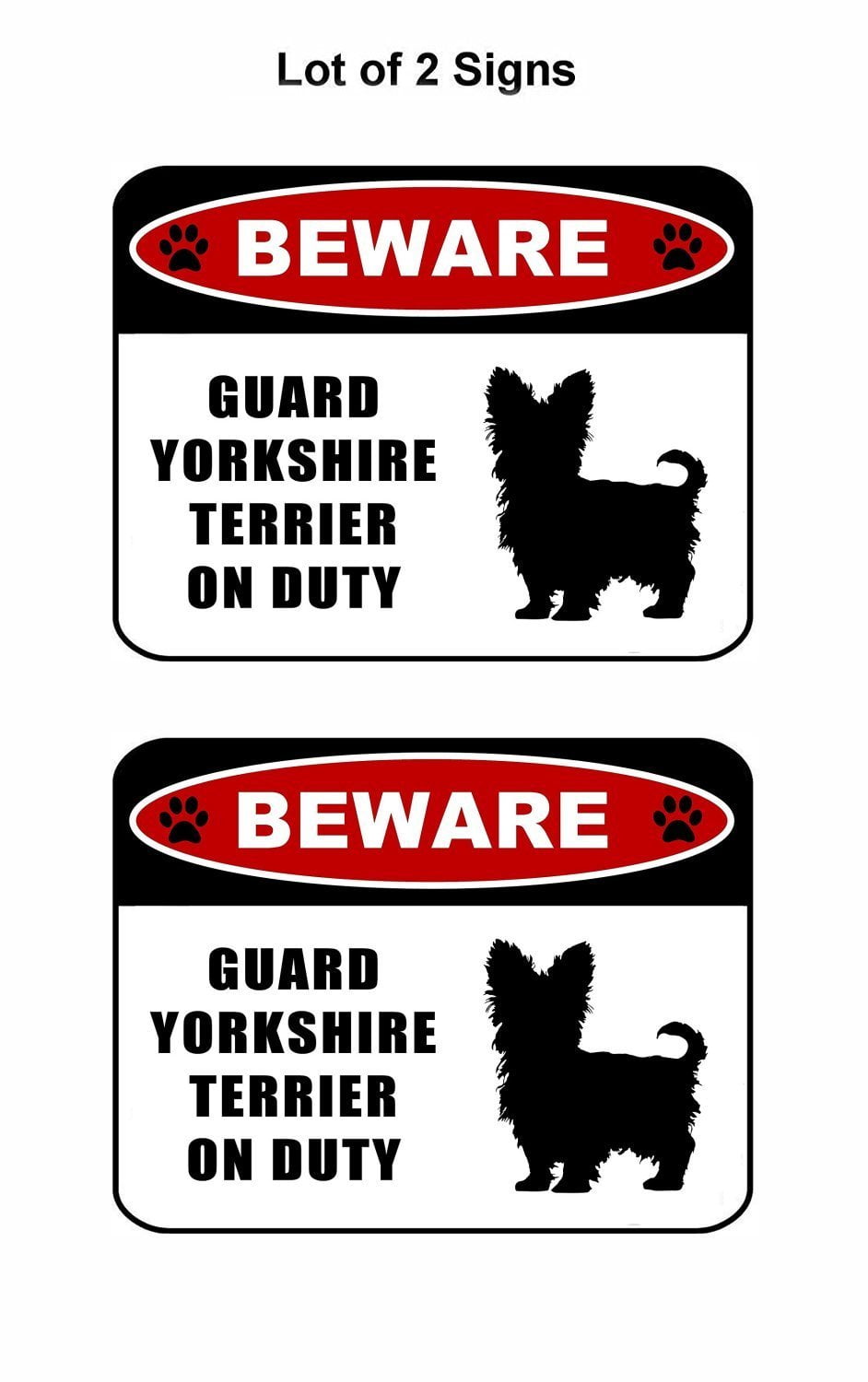 Beware Guard Yorkshire Terrier (silhouette) on Duty 11.5 inch x 9 inch Laminated Dog Sign - 2 Pack