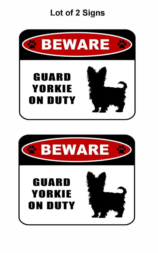 Beware Guard Yorkie (silhouette) on Duty 11.5 inch x 9 inch Laminated Dog Sign - 2 Pack