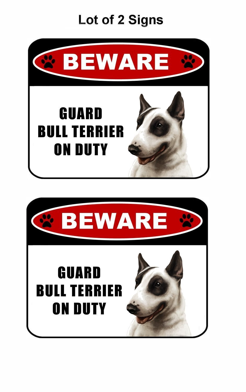 Beware Guard Bull Terrier (v1) on Duty 11.5 inch x 9 inch Laminated Dog Sign - 2 Pack