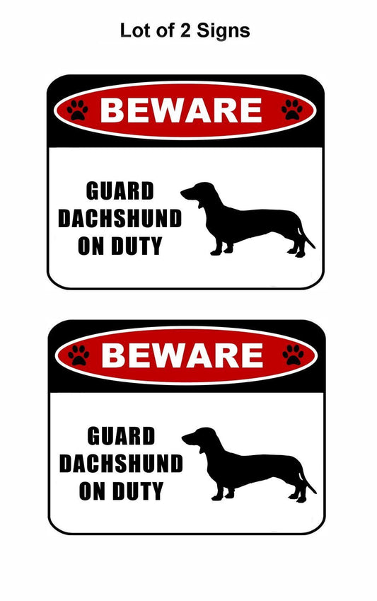 Beware Guard Dachshund (silhouette) on Duty 11.5 inch x 9 inch Laminated Dog Sign - 2 Pack