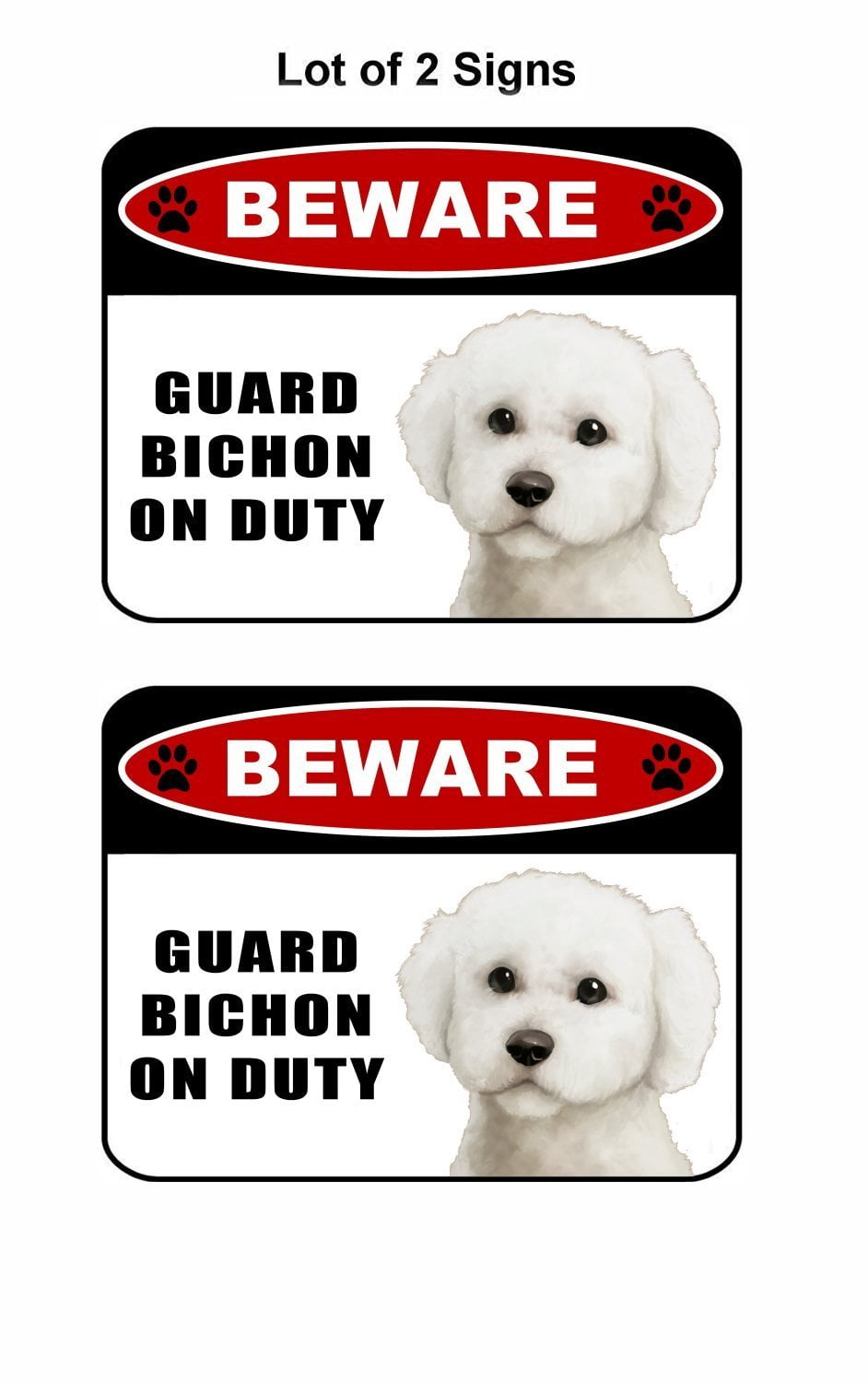 Beware Guard Bichon (v1) on Duty 11.5 inch x 9 inch Laminated Dog Sign - 2 Pack