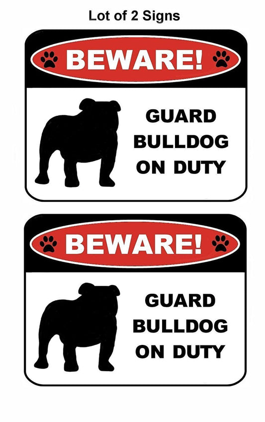 Beware Guard Bulldog (silhouette) on Duty 11.5 inch x 9 inch Laminated Dog Sign - 2 Pack