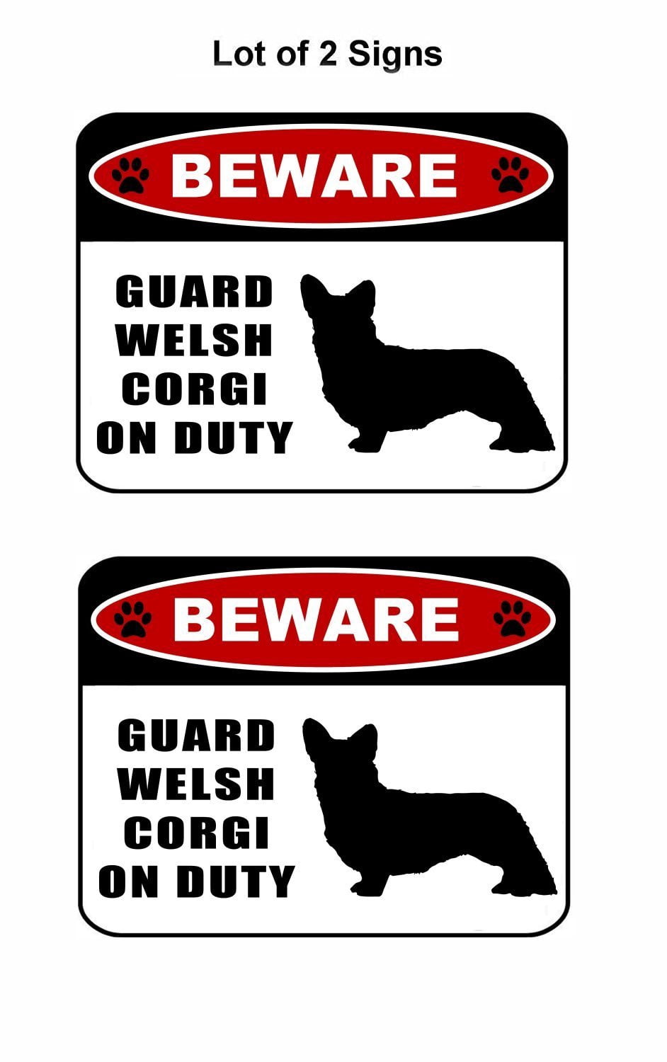 Beware Guard Welsh Corgi (silhouette) on Duty 11.5 inch x 9 inch Laminated Dog Sign - 2 Pack