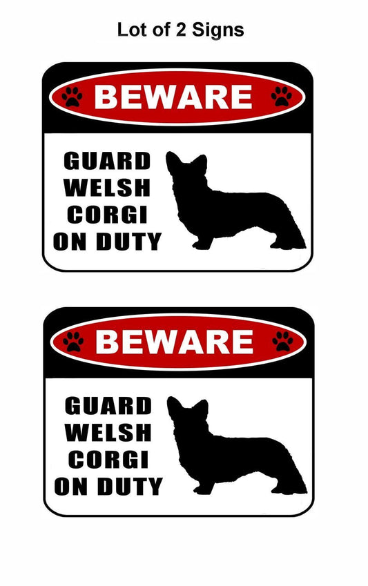 Beware Guard Welsh Corgi (silhouette) on Duty 11.5 inch x 9 inch Laminated Dog Sign - 2 Pack