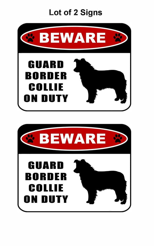 Beware Guard Border Collie (silhouette) on Duty 11.5 inch x 9 inch Laminated Dog Sign - 2 Pack
