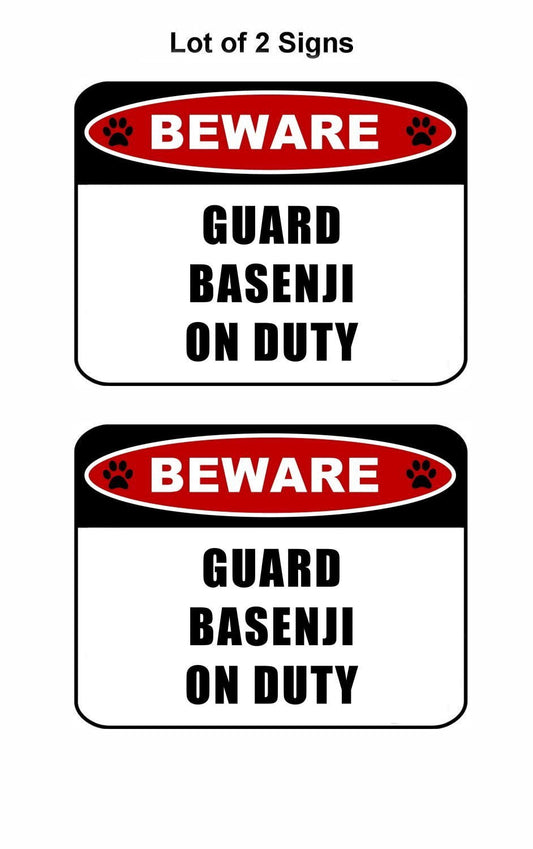 Beware Guard Basenji (v2) on Duty 11.5 inch x 9 inch Laminated Dog Sign - 2 Pack