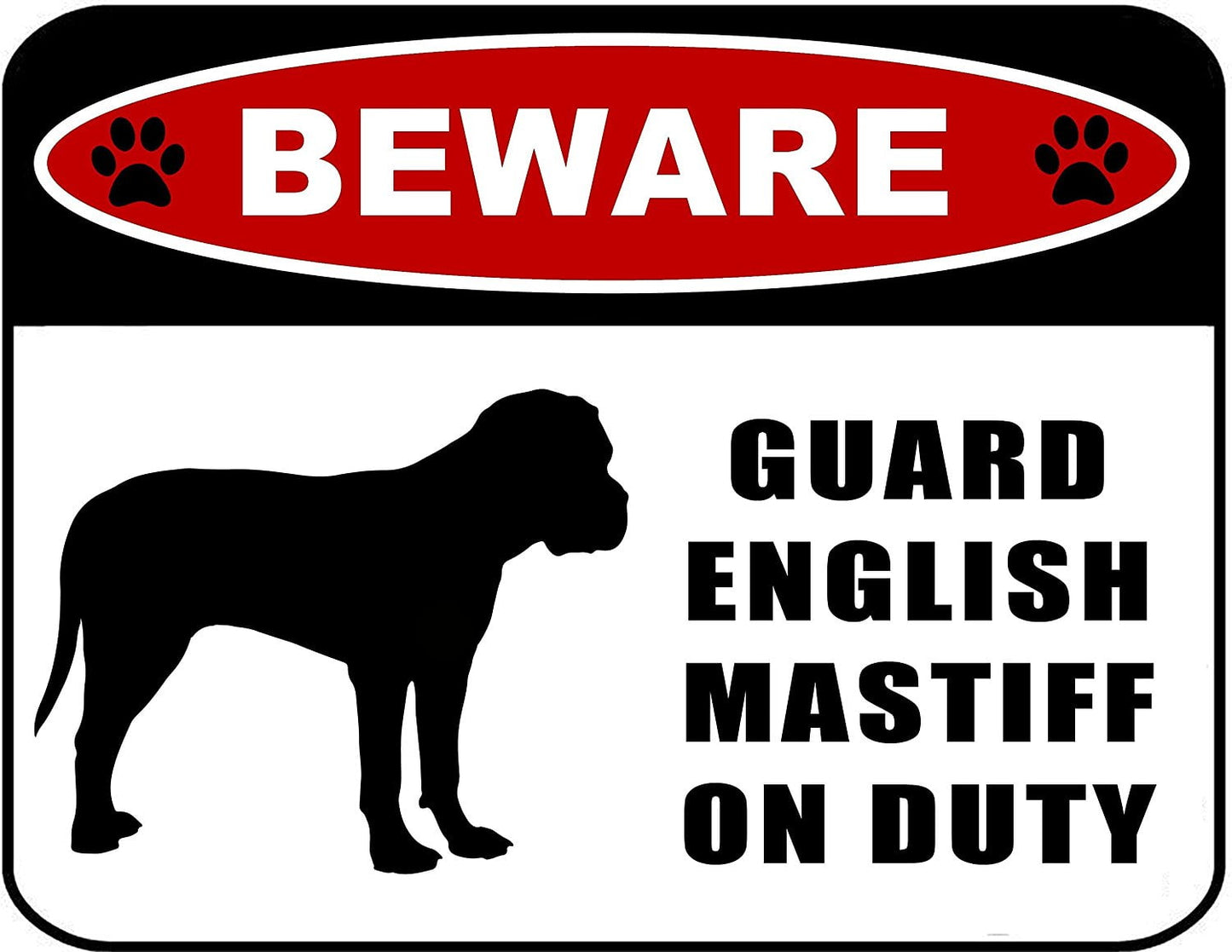 Beware Guard English Mastiff (silhouette) on Duty 11.5 inch x 9 inch Laminated Dog Sign