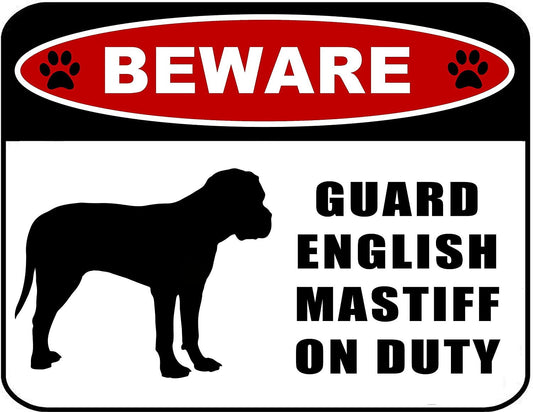 Beware Guard English Mastiff (silhouette) on Duty 11.5 inch x 9 inch Laminated Dog Sign
