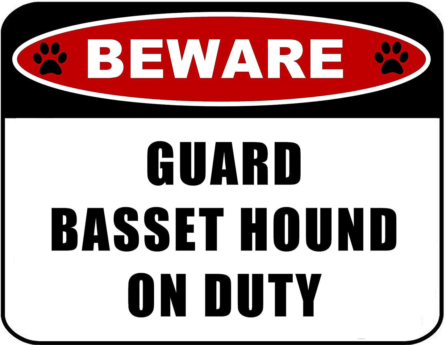 Beware Guard Basset Hound on Duty (v2) 11.5 inch x 9 inch Laminated Dog Sign